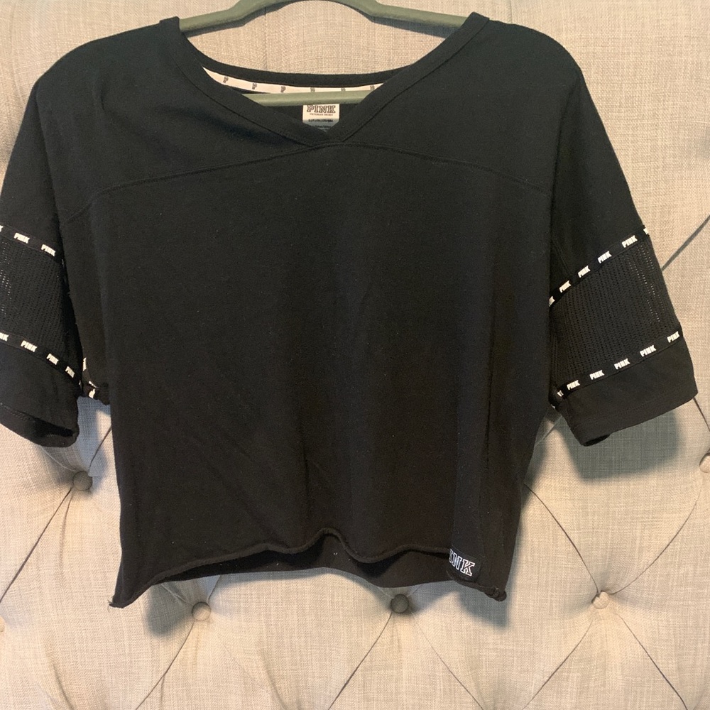 PINK Cropped Black Tee with Mesh Sleeves Size S